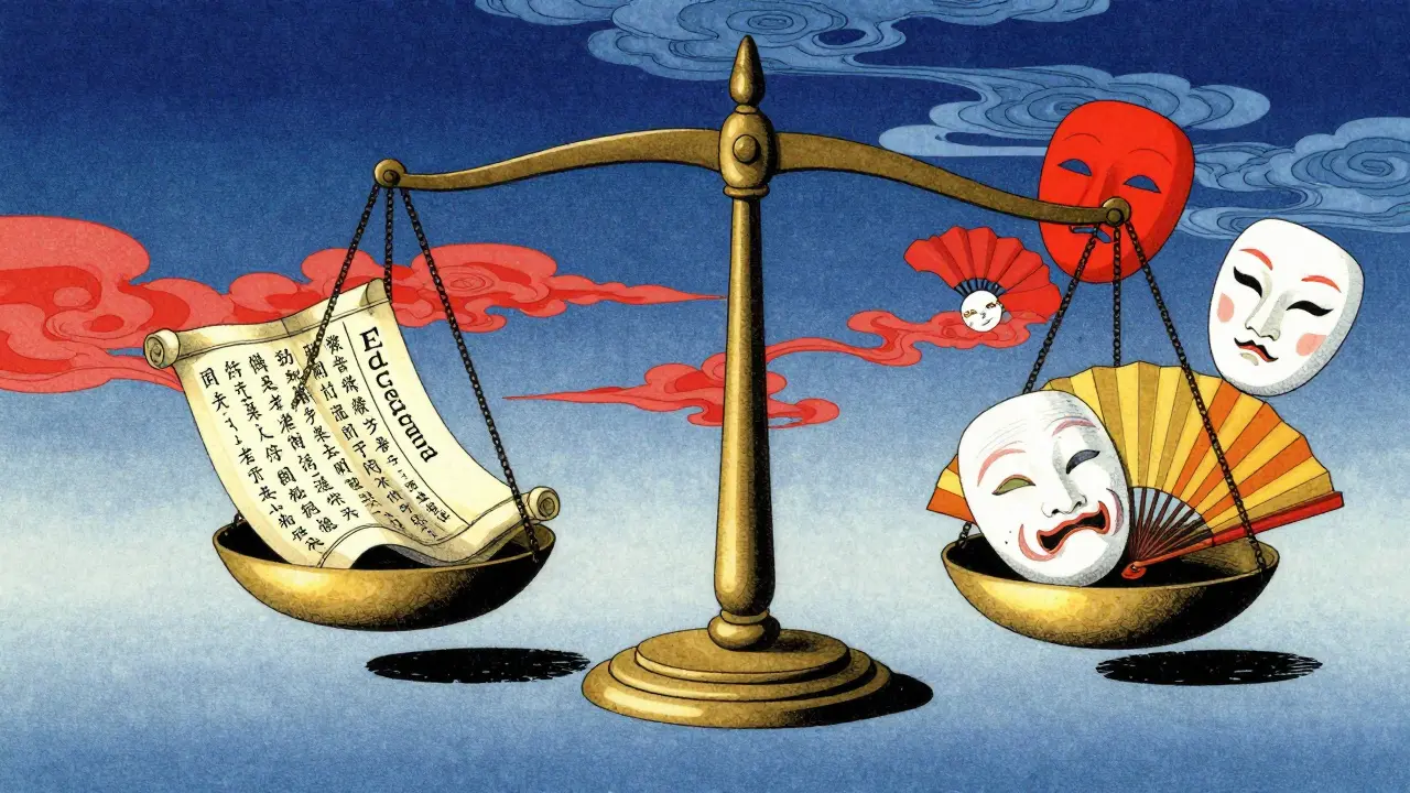 Стилизованные весы в стиле укиё-э, символизирующие баланс типов контента