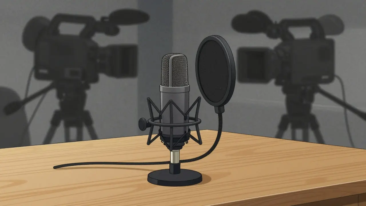 Стол с микрофоном, на фоне затемнены сложные камеры для съемки видео