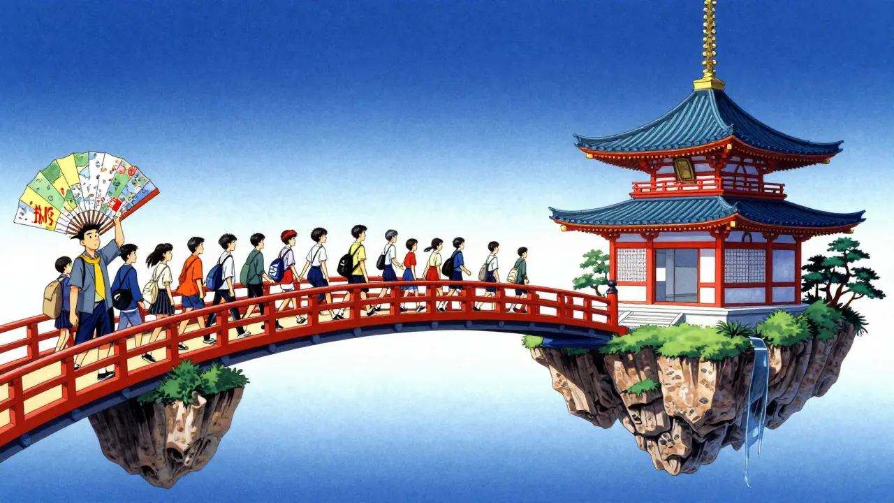 Студенты переходят по мосту на новый остров-платформу в стиле укиё-э.