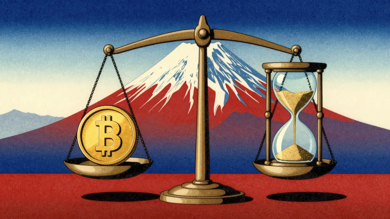 Весы с золотой монетой и песочными часами, символизирующие анализ ABC и XYZ в стиле укиё-э.