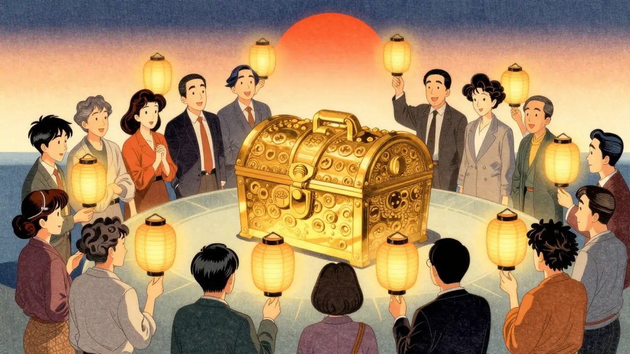 Золотой сундук в окружении лояльных амбассадоров, символизирующих рост прибыли.