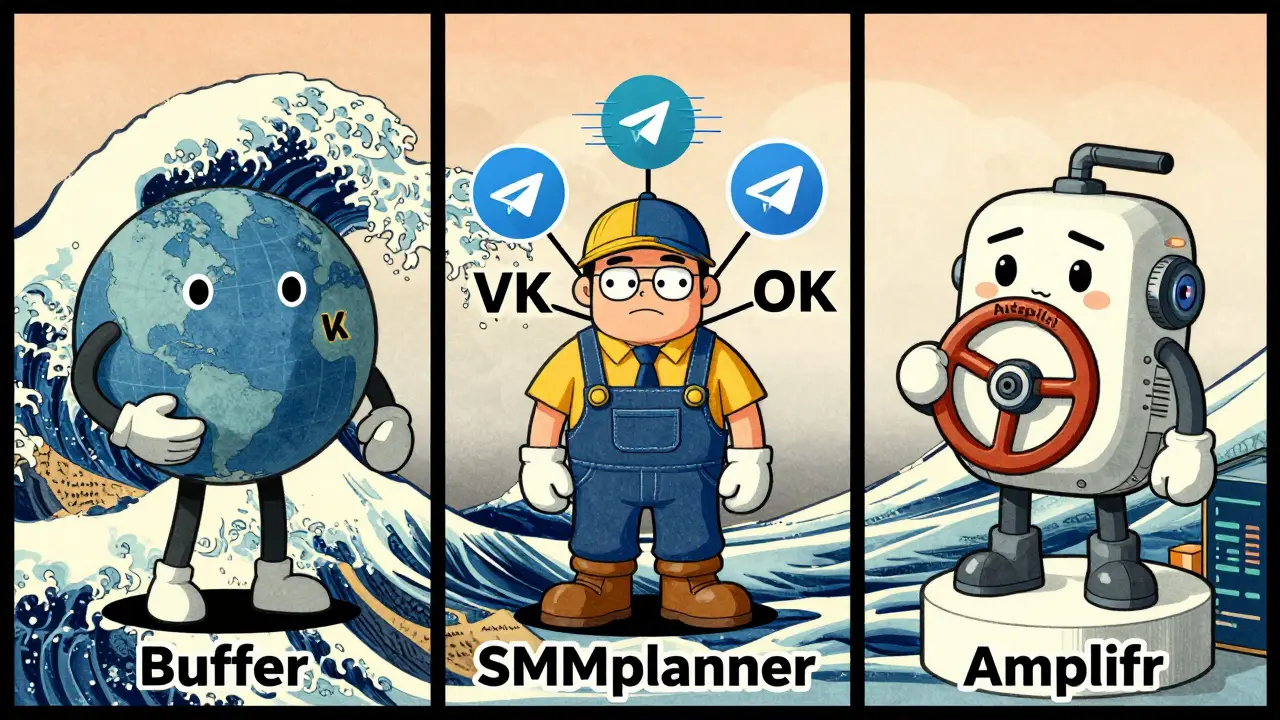 Сравнение Buffer, SMMplanner и Amplifr в стиле укиё-э