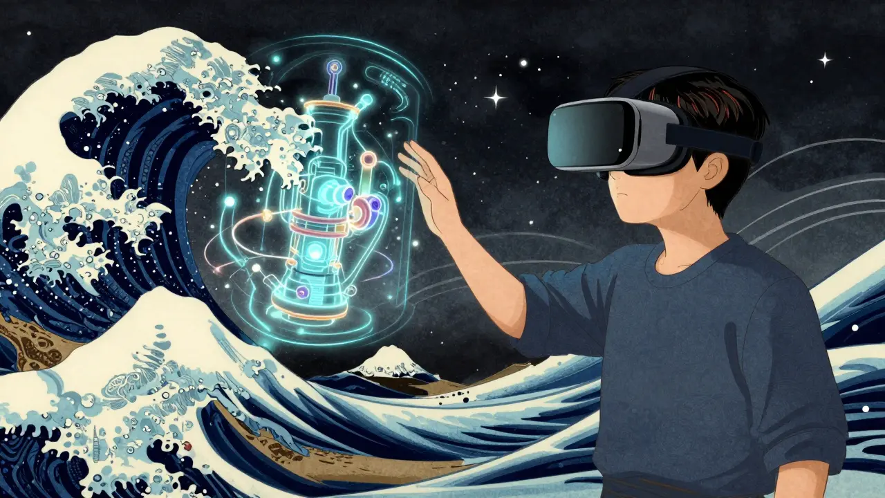 Студент с VR-шлемом изучает голограмму в стиле укиё-э