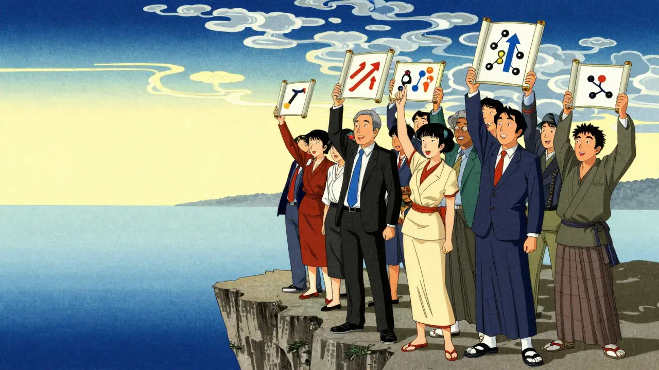 Команда экспертов стоит на скале с символами успеха на фоне морского пейзажа