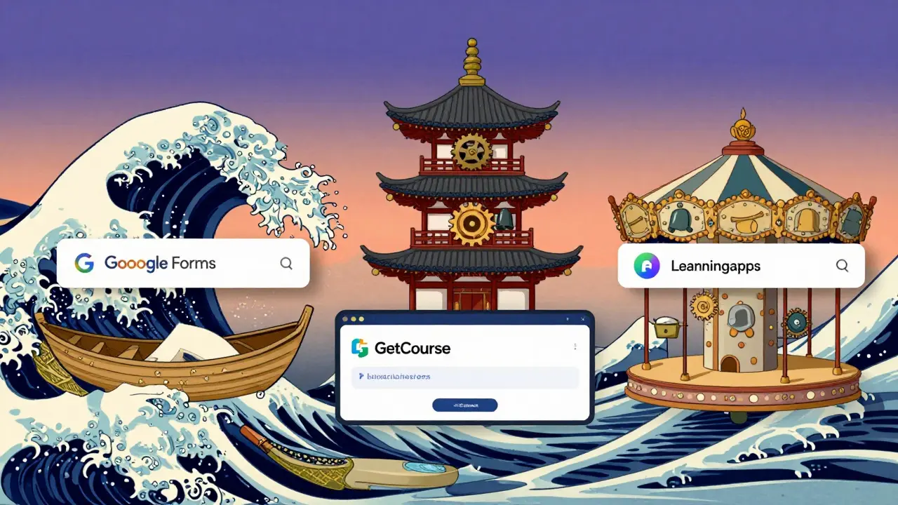 Платформы для тестов изображены как традиционные японские постройки на воде